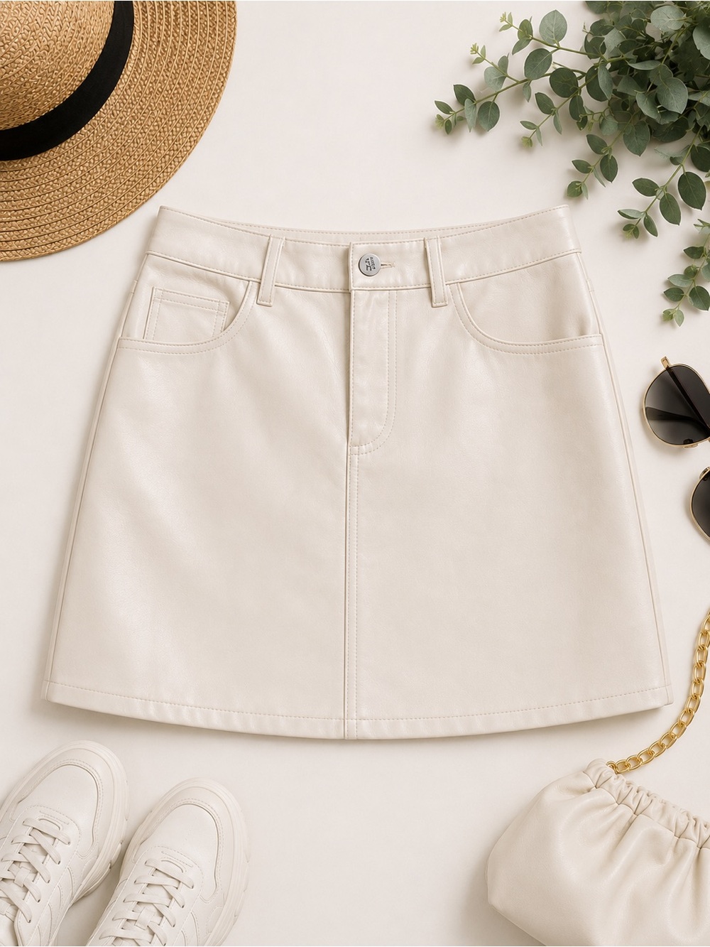 Madden NYC Faux Leather Off White Mini Skirt Pockets Size M